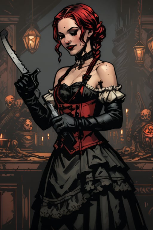 darkest dungeon style, Victorian women, red braid, black_gloves, elegancy, graceful and atractive, Victorian background, makima (chainsaw man)


