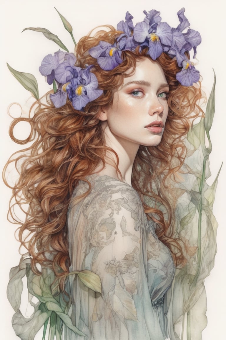 watercolor drawing, black pencil line, sticker, photorealism, portrait, beautiful girl, long flowing curly auburn hair, surrounded by iris and leaves, tulle, chiffon, floral embroidery, botanical, elaboration, high detail, glass and stone, intricate details, elegant, aesthetic, lineout, surrealism, realistic, high quality, work of art, hyper-detailed, professional, filigree, hazy, super-detailed, muted colors, style Stephanie Law and Alphonse Mucha and Carne Griffiths,sketch art,ink 