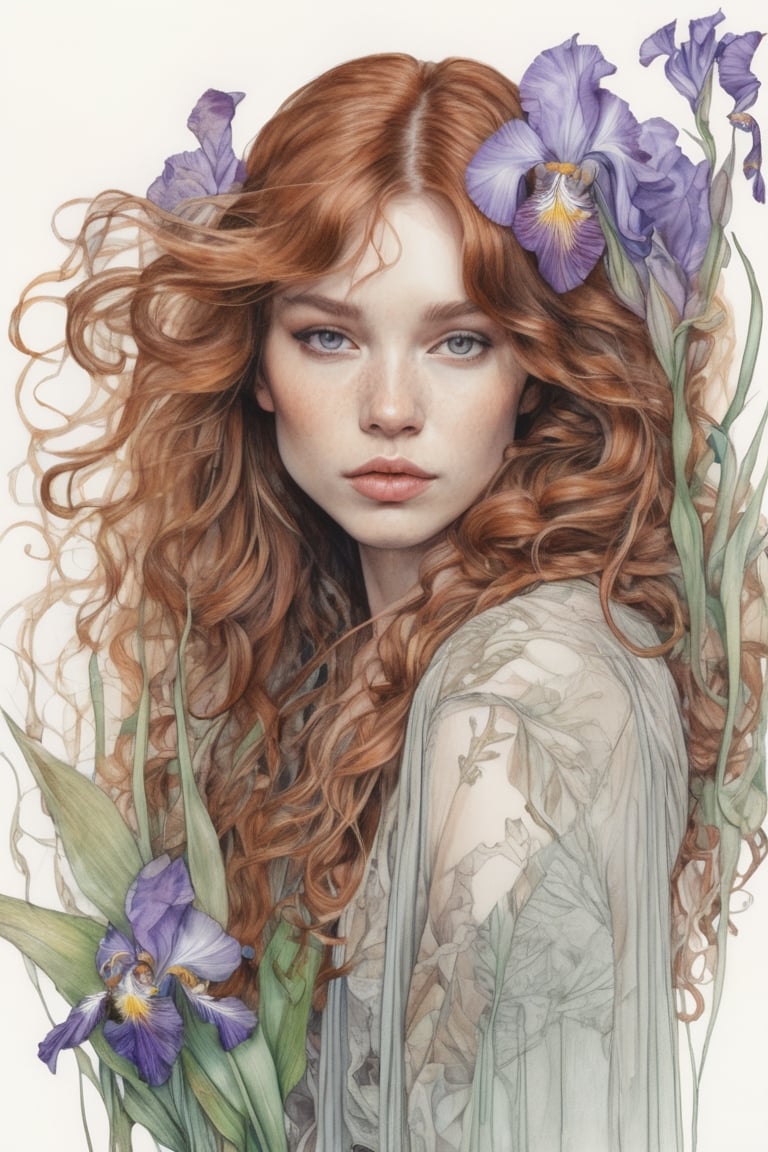 watercolor drawing, black pencil line, sticker, photorealism, portrait, beautiful girl, long flowing curly auburn hair, surrounded by iris and leaves, tulle, chiffon, floral embroidery, botanical, elaboration, high detail, glass and stone, intricate details, elegant, aesthetic, lineout, surrealism, realistic, high quality, work of art, hyper-detailed, professional, filigree, hazy, super-detailed, muted colors, style Stephanie Law and Alphonse Mucha and Carne Griffiths,sketch art,ink 