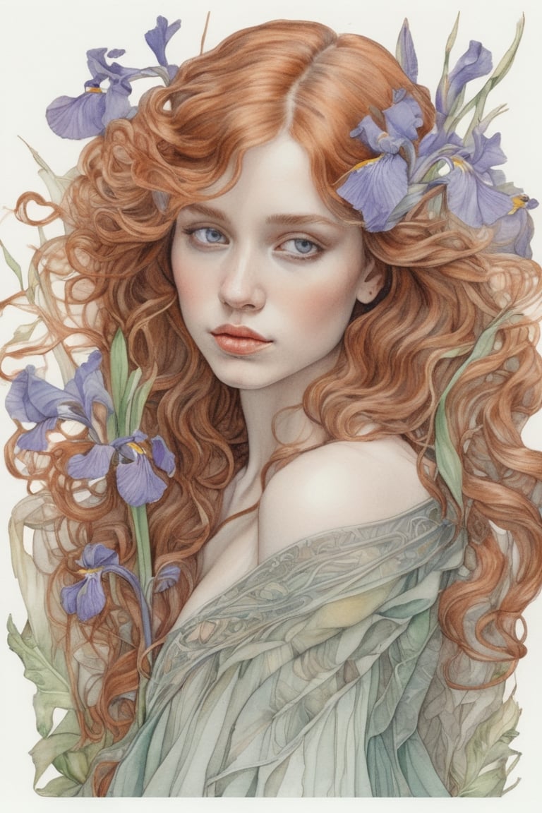 watercolor drawing, black pencil lines, sticker, portrait, beautiful girl, long flowing curly auburn hair, surrounded by iris and leaves, tulle, chiffon, floral embroidery, botanical, elaboration, high detail, glass and stone, intricate details, elegant, aesthetic, lineout, surrealism, realistic, high quality, work of art, hyper-detailed, professional, filigree, hazy, super-detailed, muted colors, style Stephanie Law and Alphonse Mucha and Sandro Botticelli