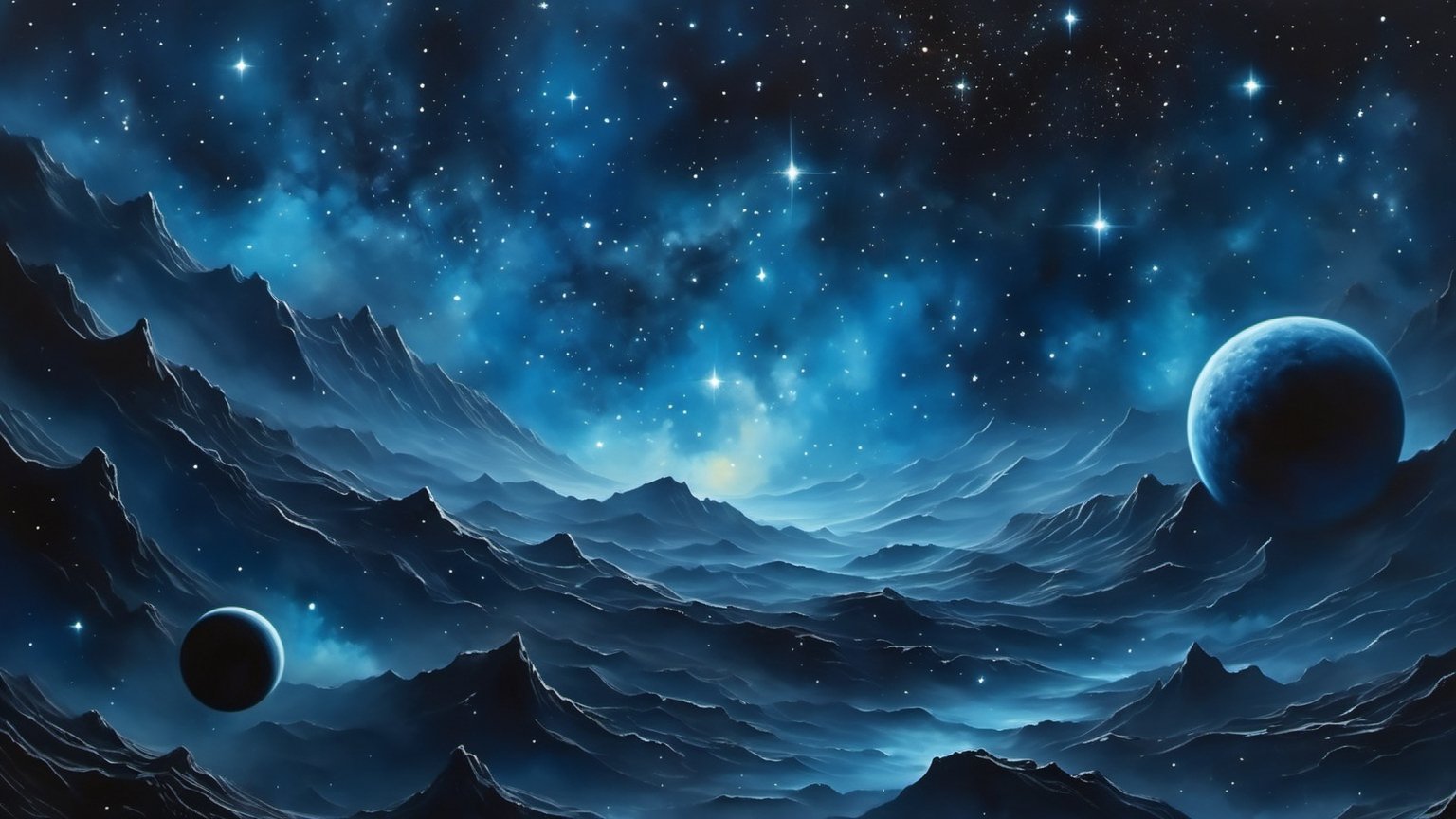 Dark night sky, stars, shades of blue Metallic, distant nebula, blue glow,more detail XL