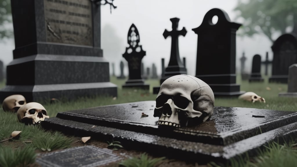 ((gravestone)), ((close-up)),medieval cemetery, medieval  graves, scattered human skulls, tombstones, nasty day, more detail XL,LegendDarkFantasy, camera shooting point at ground level,photorealistic, late evening, it's raining
