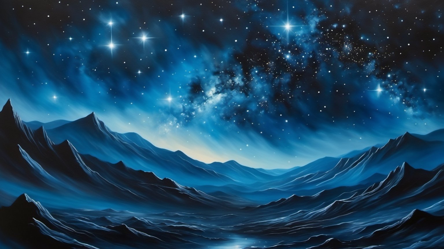 Dark night sky, stars, shades of blue Metallic, distant nebula, blue glow,more detail XL