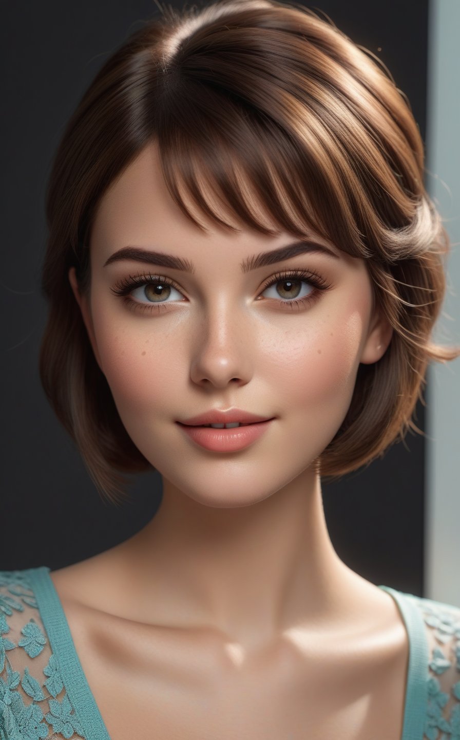 Beautiful realistic girl model, Realistic Brunette short hair, Makeup face, Big cheeks, Realistic eyes, Detailed lips, Freckles, Textured clothing, Small jewelry, Smiling, 
Beautiful sexy curved body, Brazilian skin realistic details with imperfections, Adorably feminine photo pose, Photo Colored, Clean background, Hyper realistic, Super detailed, 8k, Lighting natural, Medium exposure, Soft shadows, Medium contrast, High sharpness, Medium saturation, Composite professional vivid color rendering, Ray tracing reflections, TSR anti-aliasing, HDR,