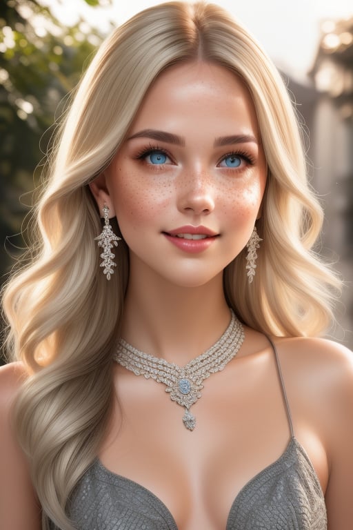 Beautiful realistic girl model, Realistic platinum blonde long hair, vampire makeup face, Big cheeks, Realistic eyes, Detailed lips, Smiling, Textured dress colored clothing, earrings jewelry, small necklace, Beautiful sexy curved body, Brazilian skin realistic details with freckles, Adorably feminine photo pose full body, realistic scenery background,
(Photo Colored srgb), (Hyper realistic), Super detailed, 8k, Lighting natural, Medium exposure, Soft shadows, Medium contrast, High sharpness, Medium saturation, TSR anti-aliasing, (hdr:1.4), UR_Art