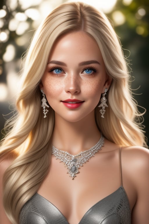 Beautiful realistic girl model, Realistic platinum blonde long hair, vampire makeup face, Big cheeks, Realistic eyes, Detailed lips, Smiling, Textured dress colored clothing, earrings jewelry, small necklace, Beautiful sexy curved body, Brazilian skin realistic details with freckles, Adorably feminine photo pose full body, realistic scenery background,
(Photo Colored srgb), (Hyper realistic), Super detailed, 8k, Lighting natural, Medium exposure, Soft shadows, Medium contrast, High sharpness, Medium saturation, TSR anti-aliasing, (hdr:1.4), UR_Art