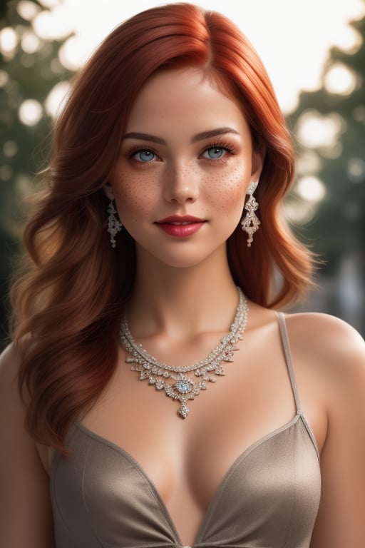 Beautiful realistic girl model, Realistic red hair, vampire makeup face, Big cheeks, Realistic eyes, Detailed lips, Smiling, Textured dress clothing, earrings jewelry, small necklace, Beautiful sexy curved body, Brazilian skin realistic details with freckles, Adorably feminine photo pose full body, realistic scenery background,
(Photo Colored srgb), (Hyper realistic), Super detailed, 8k, Lighting natural, Medium exposure, Soft shadows, Medium contrast, High sharpness, Medium saturation, TSR anti-aliasing, (hdr:1.4), UR_Art