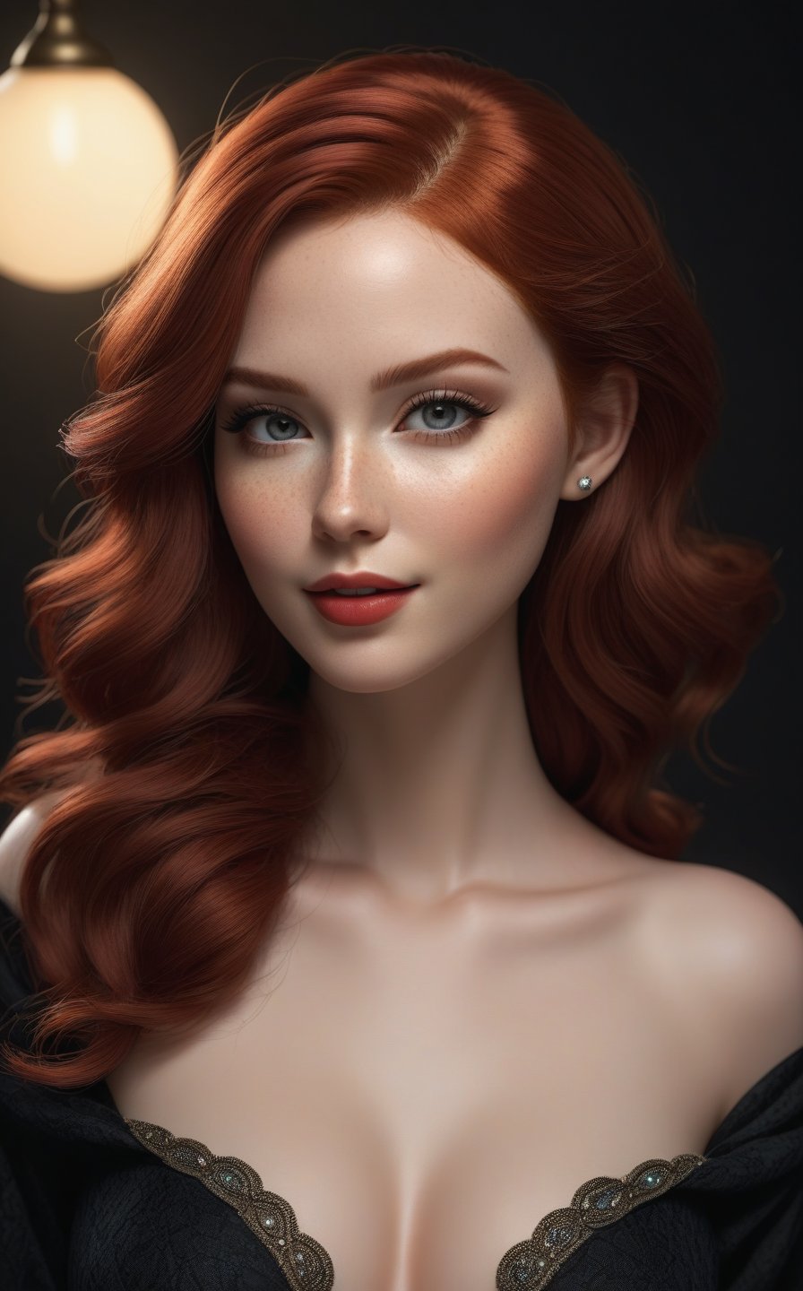 Beautiful realistic darkness girl model, Realistic red hair, Makeup face, Big cheeks, Realistic eyes, Detailed lips, Freckles, Vampire style clothing, Textured clothing, Small jewelry, Smiling, 
Beautiful sexy curved body, Brazilian skin realistic details with imperfections, Adorably feminine photo pose, Photo Colored, Clean background, Hyper realistic, Super detailed, 8k, Lighting natural, Medium exposure, Soft shadows, Medium contrast, High sharpness, Medium saturation, Composite professional vivid color rendering, Ray tracing reflections, TSR anti-aliasing, HDR,photorealistic,UT_art