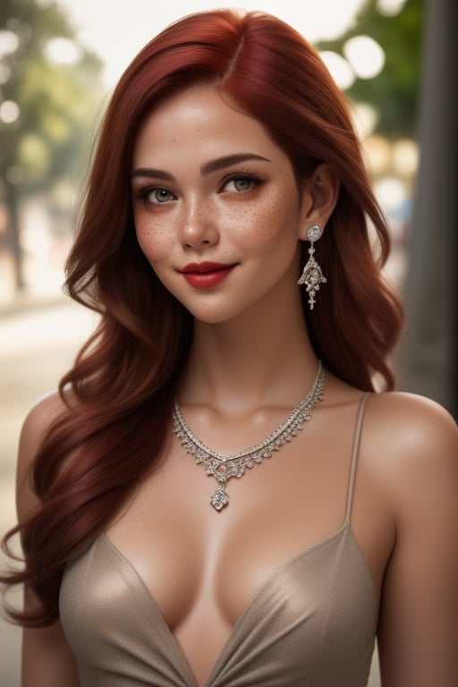 Beautiful realistic girl model, Realistic red hair, vampire makeup face, Big cheeks, Realistic eyes, Detailed lips, Smiling, Textured dress clothing, earrings jewelry, small necklace, Beautiful sexy curved body, Brazilian skin realistic details with freckles, Adorably feminine photo pose full body, realistic scenery background,
(Photo Colored srgb), (Hyper realistic), Super detailed, 8k, Lighting natural, Medium exposure, Soft shadows, Medium contrast, High sharpness, Medium saturation, TSR anti-aliasing, (hdr:1.4), UR_Art