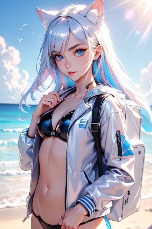silver hair, cat ears, young face, beautiful face, beautiful eyes, shiny skin, dusk, bikini, blue, white jacket, beach, backpack in left hand, multicolored clothes, multicolored