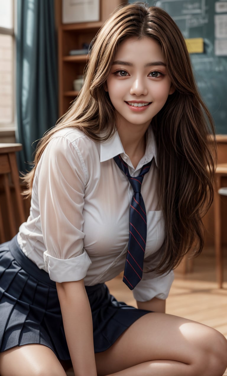 (raw photo:1.2), ((photorealistic:1.4)), best quality, masterpiece, extremely detailed, 8k wallpaper, 1 girl, full body, most beautiful girl, beauty model, stunningly beautiful girl, gorgeous girl, over sized eyes, big eyes, toothless smile, looking at viewer, long_hair, school_uniform, school_girl, school