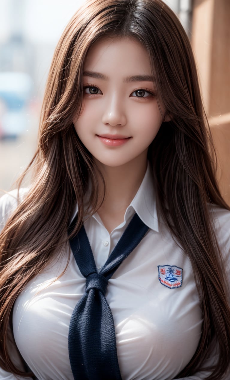 (masterpiece, best quality, ultra-detailed, 8K), 1girl, most beautiful korean girl, Korean beauty model, stunningly beautiful girl, gorgeous girl, over sized eyes, big eyes, smiling, looking at viewer, long_hair, school_uniform, school_girl, school