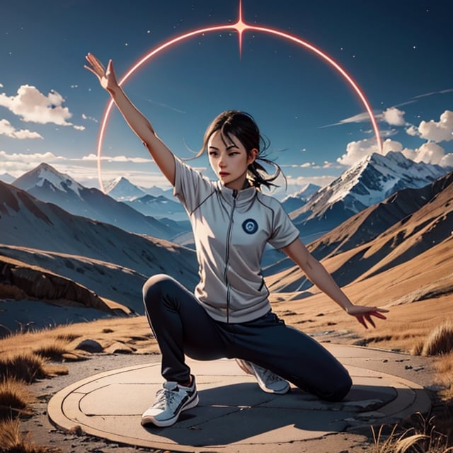 A young person wearing sportswear, practicing Tai Chi on the beautiful mountaintop with a magnificent magic circle behind them.