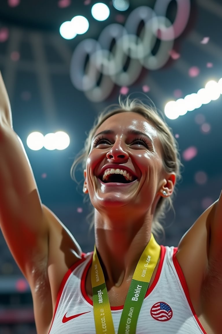 A close-up shot of a triumphant beautiful athlete's face, sweat glistening under the bright stadium lights. The Olympic rings logo hangs prominently in the background as the winner holds their gold medal aloft. Confetti and cheers erupt from the crowd, capturing the euphoria of victory at the Games.