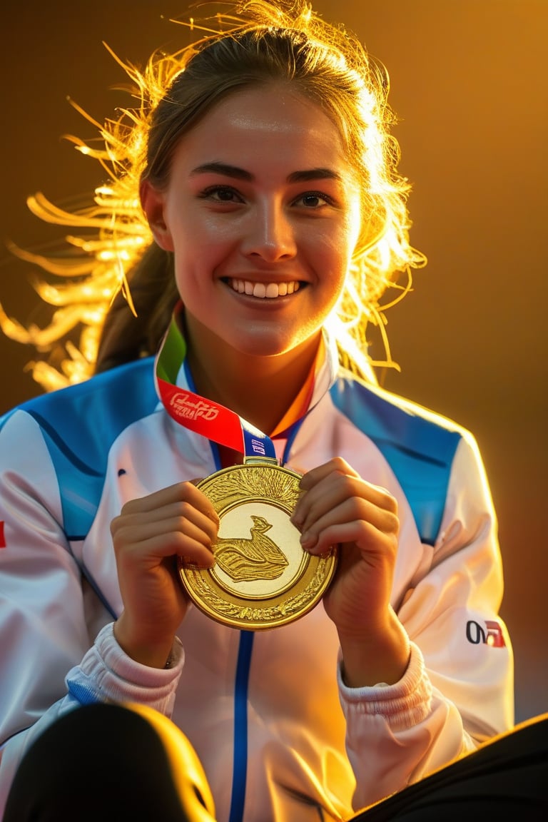 A close-up shot of a determined young woman, sitting confidently with her legs crossed and hands grasping an Olympic medal. Soft, golden light illuminates her face, highlighting her bright smile and gleaming eyes. The background is blurred, focusing attention on the subject's triumphant expression, as if she's about to accept congratulations from teammates or fans.