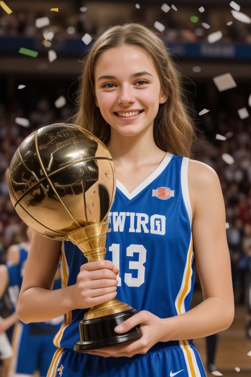 smiling girl, (holding big trophy), winning, sports event, basketball, confetti, joy