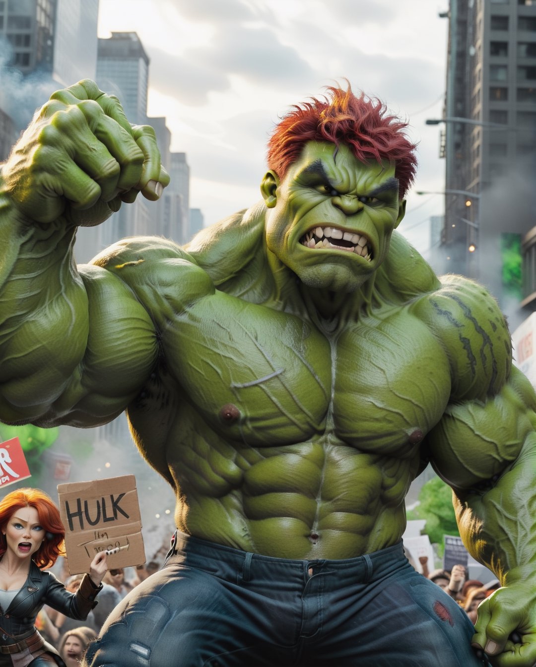 muscular cat RED hair and large )), (powerful cat in the form of the Green Hulk , Avenger Character), (((holding a sign with the text: "Hulk"))), action-packed background