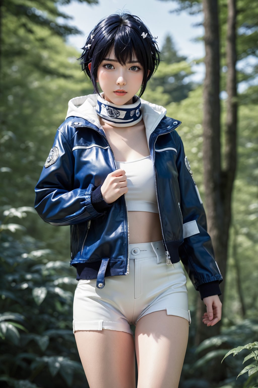 1 girl, looking at the viewer, (((WHITE EYES))), bandana around her neck, short hair, bangs, dark blue hair, wearing white leather jacket with braid details, long sleeves, closed mouth, standing, jacket , full body, dark blue pants, hood, blunt fringe, fur trim, blue sandals, standing on one leg, low hood, blue shoes, fighting stance, white eyes, toeless shoes, hyuuga hinata, fighting in a forest , skin, realistic, FULL BODY,
photon mapping
more details
16k, HDR, CG, 3D, maintain maximum image detail, photography, high resolution, Anti Aliasing, cinematic, particles, hyper realism, holographic, mecha, extremely detailed, crystallization, crystals, holographic, fragments, style, concept, RAW, Hinata Hyuga,3D,teengirlmix,more details XL