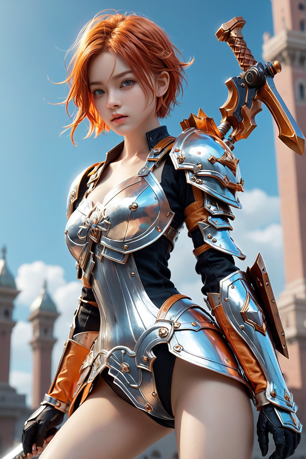 1girl, alone, short hair, navel, hold, weapon, braid, pointy ears, midriff, orange hair, armor, hand on hip, single braid, weapon, gauntlets, ship, hammer, shield, lolita mobile legends, giant hammer, shield ,fighting on a battlefield,
realistic,
more details
16k,CG,maintain maximum image detail,high resolution,Anti Aliasing,particles,hyper realism,holografico,extremely detailed, crystallization, crystals, holographic, fragments,style,concept,RAW,
