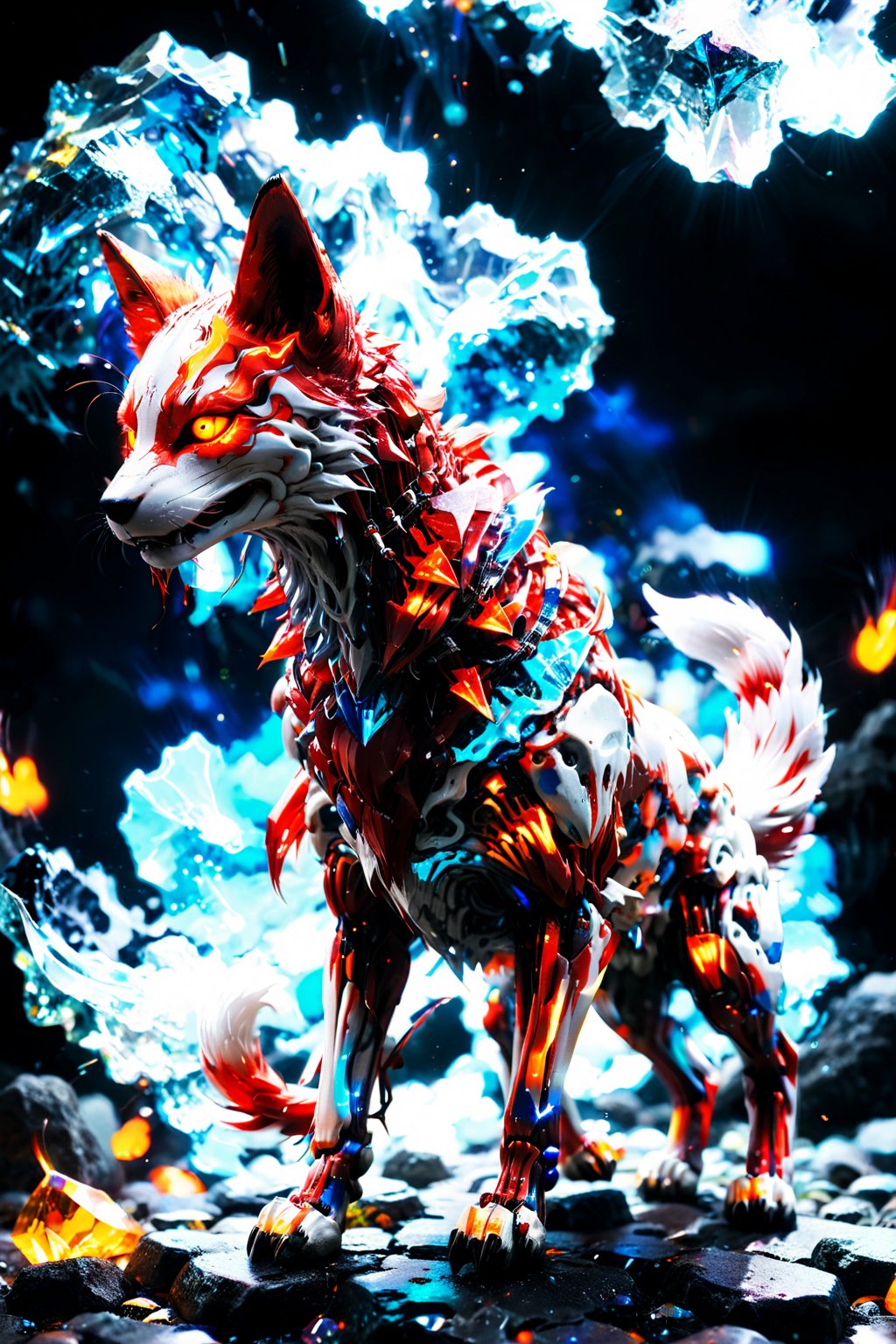 skull, skeleton monster beast, walking on four legs, red aura around, skeleton appearance of a fox, fox 6 tails anime naruto, destroyed scenery, battles, skin, realistic, FULL BODY,
photon mapping
more details
16k, HDR, CG, 3D, maintain maximum image detail, photography, high resolution, anti-aliasing, cinematic, particles, hyper realism, holographic, mecha, extremely detailed, crystallization, crystals, holographic, fragments, style, concept , RAW, bastet , more details XL,more detail XL