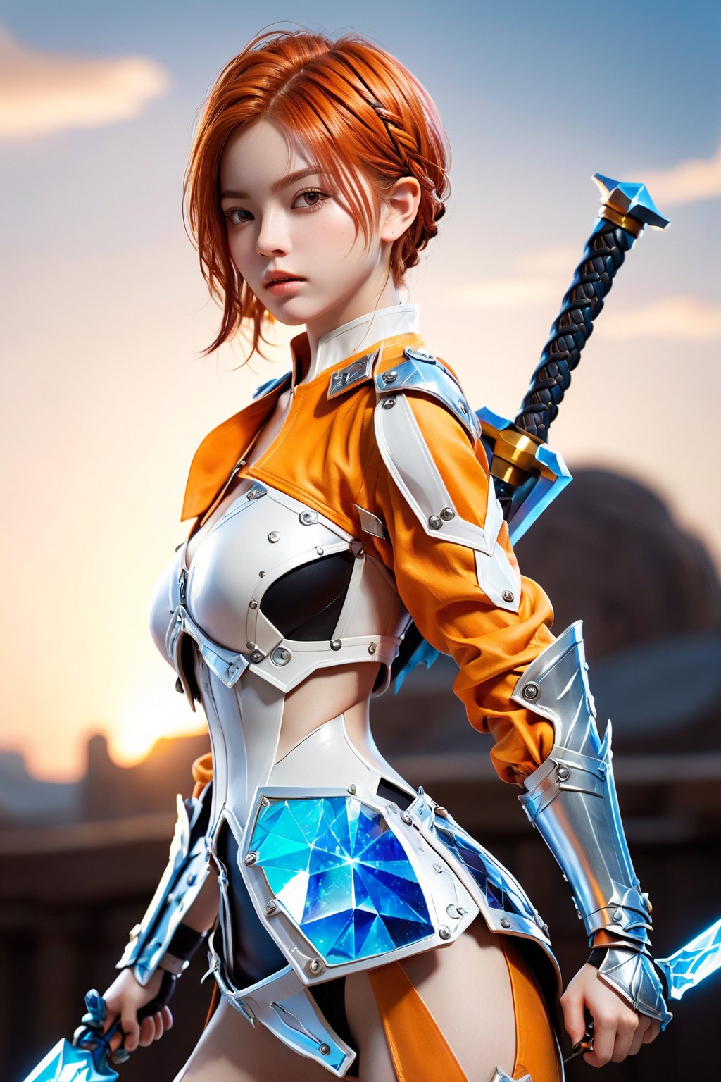 1girl, alone, short hair, navel, hold, weapon, braid, pointy ears, midriff, orange hair, armor, hand on hip, single braid, weapon, gauntlets, ship, hammer, shield, lolita mobile legends, giant hammer, shield ,fighting on a battlefield,
realistic,
more details
16k,CG,maintain maximum image detail,high resolution,Anti Aliasing,particles,hyper realism,holografico,extremely detailed, crystallization, crystals, holographic, fragments,style,concept,RAW,