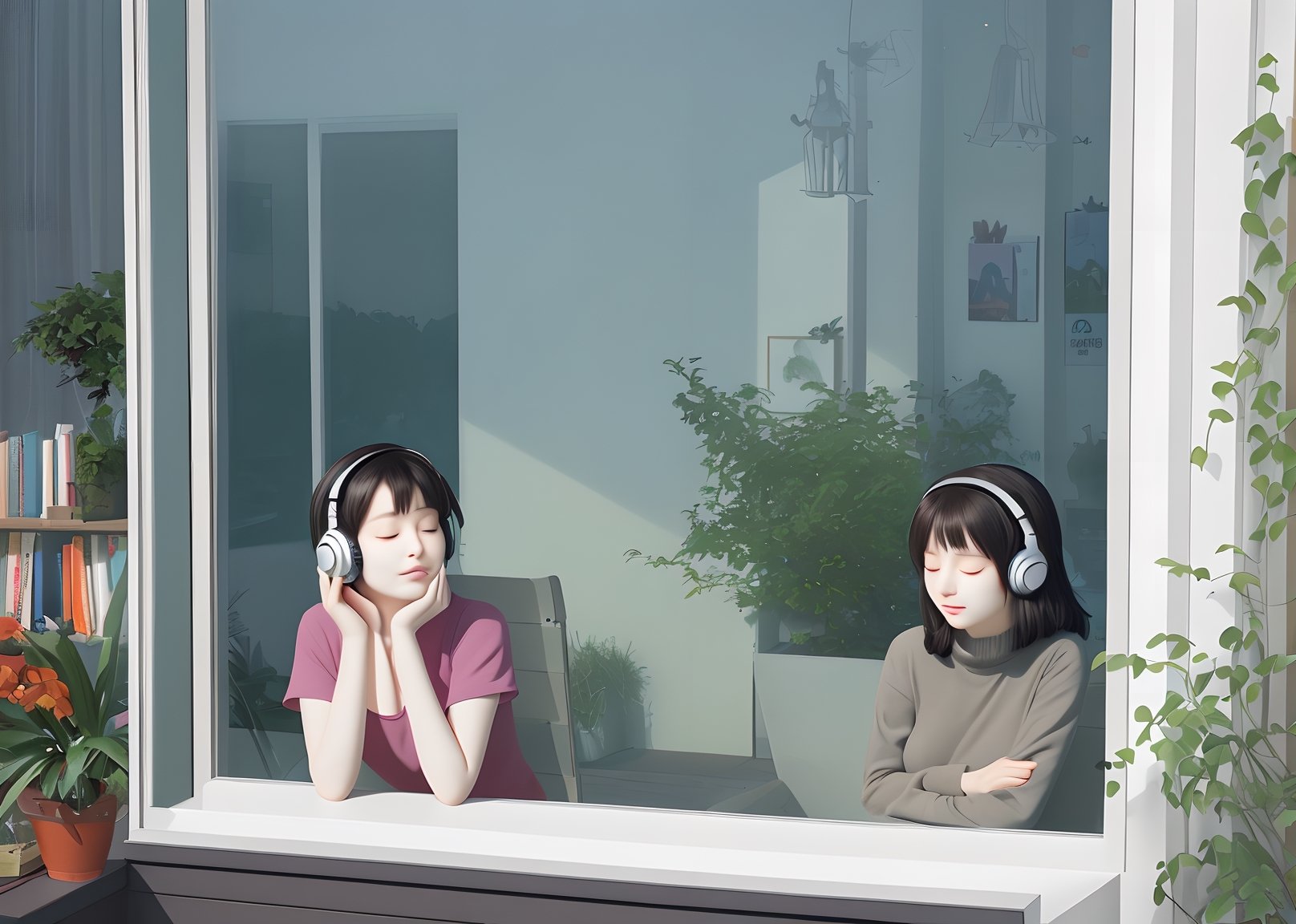 a peaceful and relaxing scene in the style of Hayao Miyazaki, with a girl listening to music on her headphones, sitting on a windowsill overlooking a city, with soft colors and warm lighting, some plants and books around her, and a cat sleeping on her lap,from outside window