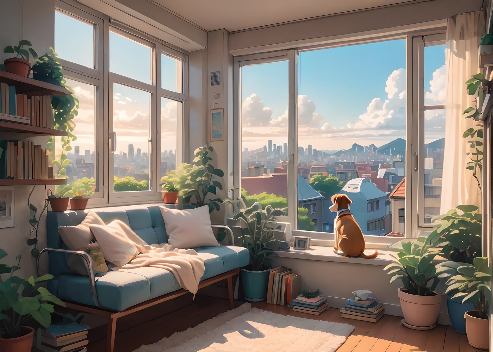 a peaceful and relaxing scene in the style of Hayao Miyazaki, with a girl listening to music on her headphones, sitting on a windowsill overlooking a city, with soft colors and bright lighting, some plants and books around her, and a dog sleeping on her lap,from outside window