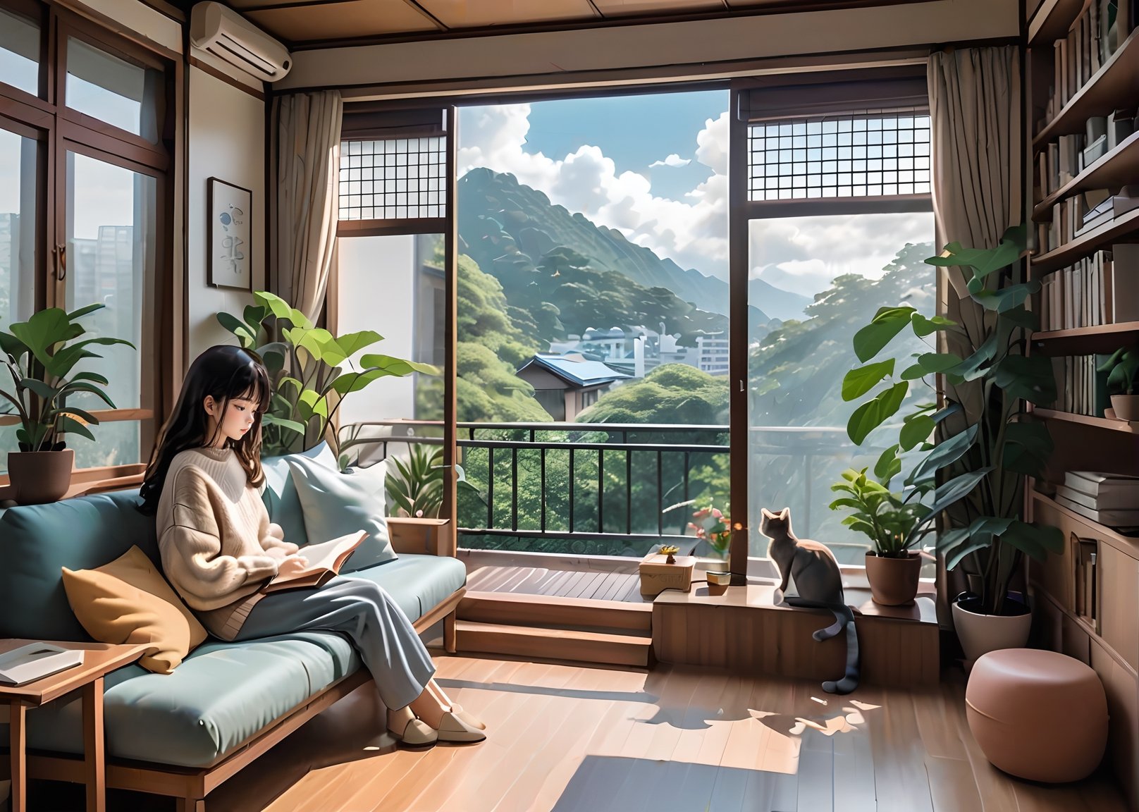 A quiet and relaxing scene in the style of Hayao Miyazaki,There is also a study room with an extended balcony,There are many plants outside the balcony,The study room has floor-to-ceiling lattice windows and blinds,The girl is reading at the desk next to her,The girl is wearing a winter sweater and the cat is sitting in the shallow sky,sleeping on colored sofa