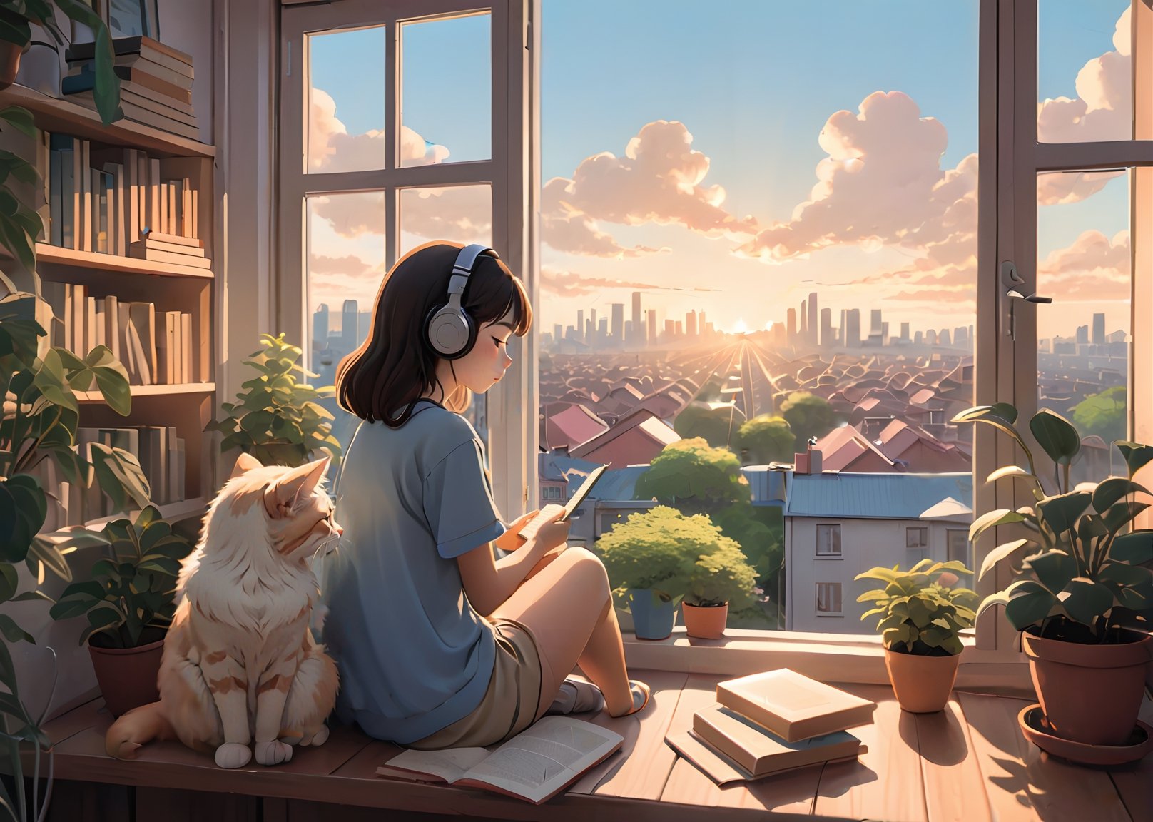 a peaceful and relaxing scene in the style of Hayao Miyazaki, with a girl listening to music on her headphones, sitting on a windowsill overlooking a city, with soft colors and warm lighting, some plants and books around her, and a cat sleeping on her lap,from outside window