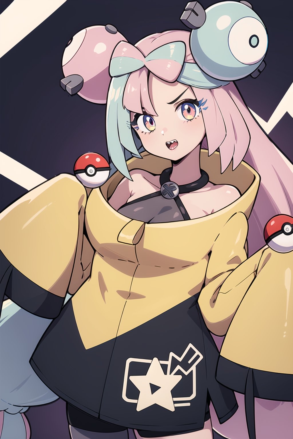 masterpiece, best quality, highres, iono1, 1girl, long hair,  , hair ornament, long sleeves, cowboy shot, (holding poke_ball), poke ball \(basic\), ,iono1