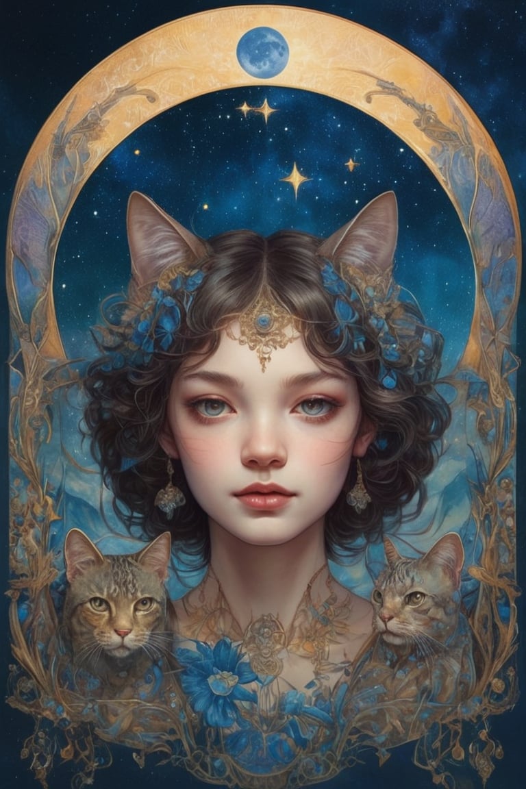 Title: "Whispered Secrets of the Celestial Felines"
In this enchanting masterpiece titled "Whispered Secrets of the Celestial Felines," we are transported to a realm where elegance and cosmic wonders intertwine. The artwork features a young girl adorned with cat ears, dressed in a ruffled dress adorned with bows, as she embarks on a captivating journey through a starlit animal sanctuary.
The girl stands amidst a breathtaking landscape, where the celestial and earthly realms merge harmoniously. Her presence, with the whimsical cat ears and a dress inspired by Art Nouveau, emanates grace and allure, perfectly complementing the ethereal atmosphere that envelops her.
The scene unfolds beneath a dazzling night sky, adorned with celestial wonders. Intricate geometric patterns and zentangle motifs weave through the air, paying homage to the beauty of Art Nouveau. The night sky becomes a tapestry, showcasing the mystical constellations of feline forms, depicting the graceful cats that dwell among the stars.
Within this celestial menagerie, the girl's gaze is drawn to a celestial telescope, inviting her to explore the secrets of the cosmos. With a sense of wonder and curiosity, she peers through the telescope, her eyes filled with awe. The telescope becomes a portal to celestial realms, inviting viewers to join her in a journey of astronomical discovery.
As she immerses herself in the night sky, the moon radiates an ethereal glow, casting its enchanting light upon the nocturnal landscape. Its mystical presence adds an aura of wonder and magic, enhancing the allure of the scene.
The girl finds herself in a serene campsite amidst a grassy plain, illuminated by the warm glow of lanterns. The campfire crackles, casting flickering shadows that dance upon the elegant Art Nouveau-inspired elements of the surroundings. The air is filled with tranquility, inviting contemplation and a connection with nature.
The art style employed in this masterpiece draws inspiration from the Art Nouveau movement, paying tribute to the iconic style of Alphonse Mucha. The intricate details, flowing lines, and organic forms captivate the eye, creating a harmonious blend of elegance and cosmic whimsy.
"Whispered Secrets of the Celestial Felines by kyo8sai 2024-06-15" invites viewers to embrace the beauty of the night sky and the enchantment of nature. The girl, with her cat ears and graceful presence, becomes a conduit for our own sense of wonder and exploration. This artwork captures the essence of a dreamlike tableau, where the celestial and artistic realms intertwine, whispering the secrets of the celestial felines and inviting us to embark on a mystical journey through the stars.