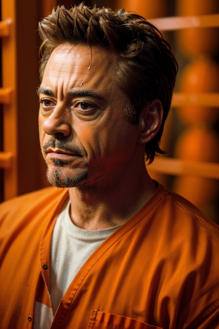 ((realism)), extremely high quality RAW photograph, detailed background, intricate, messy hair, Exquisite details and textures, highly detailed, Photo of (Robert Downey Jr) in a prison cell, (wearing orange prison clothes:1.3), Looking away from the camera, ultra detailed photograph, warm lighting, artstation, 4k, sharp focus, high resolution, detailed skin, detailed eyes, 8k uhd, dslr, low harsh lighting, high quality, film grain