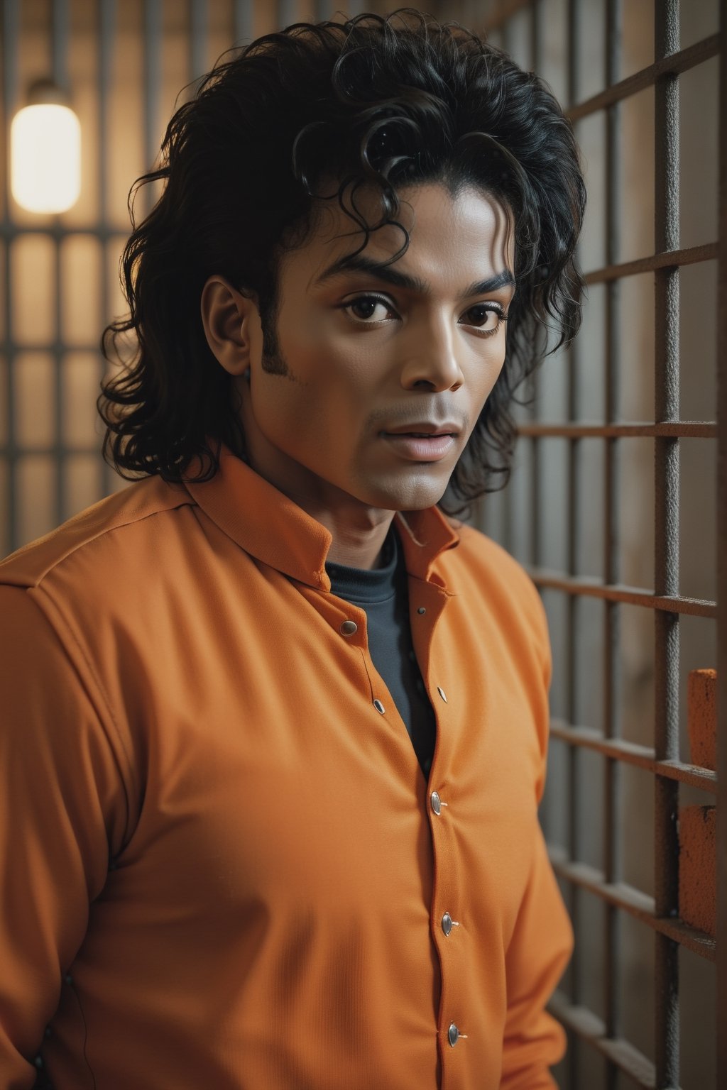 
((realism)), extremely high quality RAW photograph, detailed background, intricate, messy hair, Exquisite details and textures, highly detailed, Photo of (Michael Jackson) in a prison cell, (wearing orange prison clothes:1.3), Looking away from the camera, ultra detailed photograph, warm lighting, artstation, 4k, sharp focus, high resolution, detailed skin, detailed eyes, 8k uhd, dslr, low harsh lighting, high quality, film grain