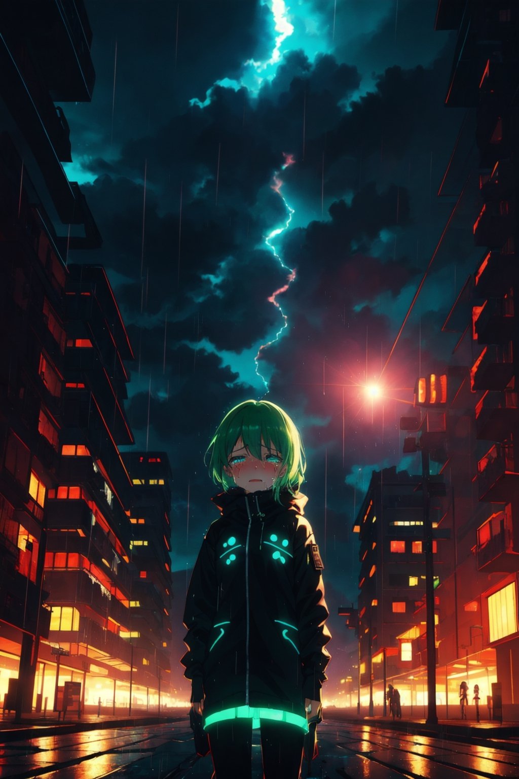 masterpiece, best quality, cloudy sky, cityscape, night, 1girl, techwear, standing, glowing green runes on body, yofukashi background, crying with eyes open, raining