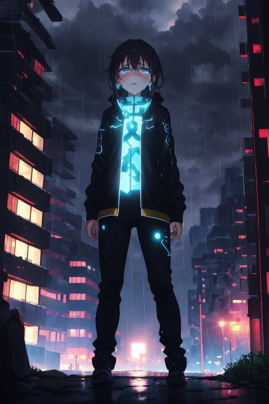 masterpiece, best quality, cloudy sky, cityscape, night, 1girl, techwear, standing, glowing blue runes suround body, yofukashi background, crying with eyes open, raining,