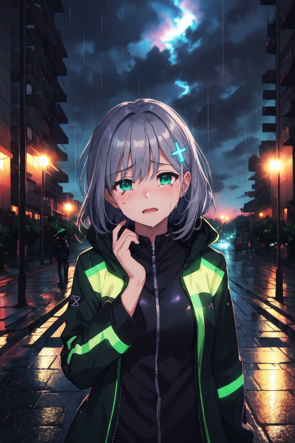 masterpiece, best quality, cloudy sky, cityscape, night, 1girl, techwear, standing, glowing green runes,yofukashi background, crying with eyes open, raining,best quality,shiroko