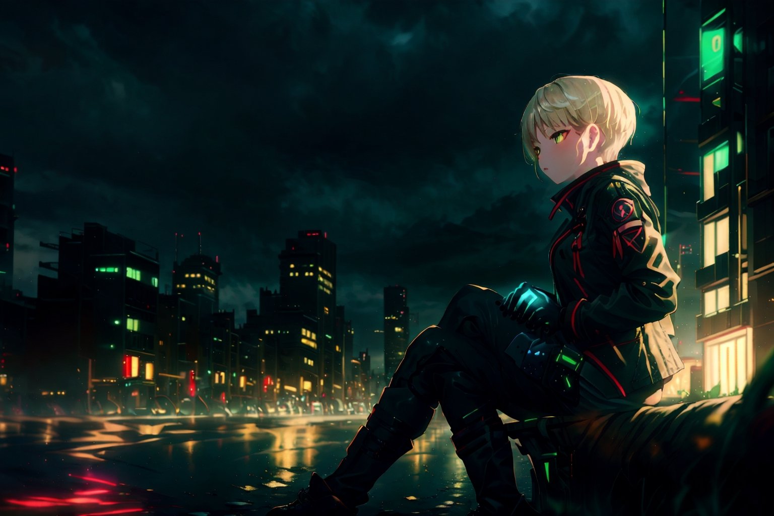 masterpiece, best quality, 4K, cityscape, night, cloudy, 1girl, techwear, hands in pockets, sitting on a bench,yofukashi background,marinadef,GlowingRunesAI_green