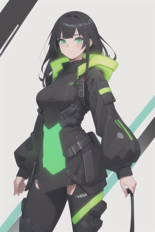 ((masterpiece)), ((best quality)), digital art, best quality, highly detailed, 1 girl, solo, mature woman, character design, standing, simple white background, calligrapic, legins, black chinese dres, soft smile, techwear, iridescent, neon greenm black long hair, neon green eyes