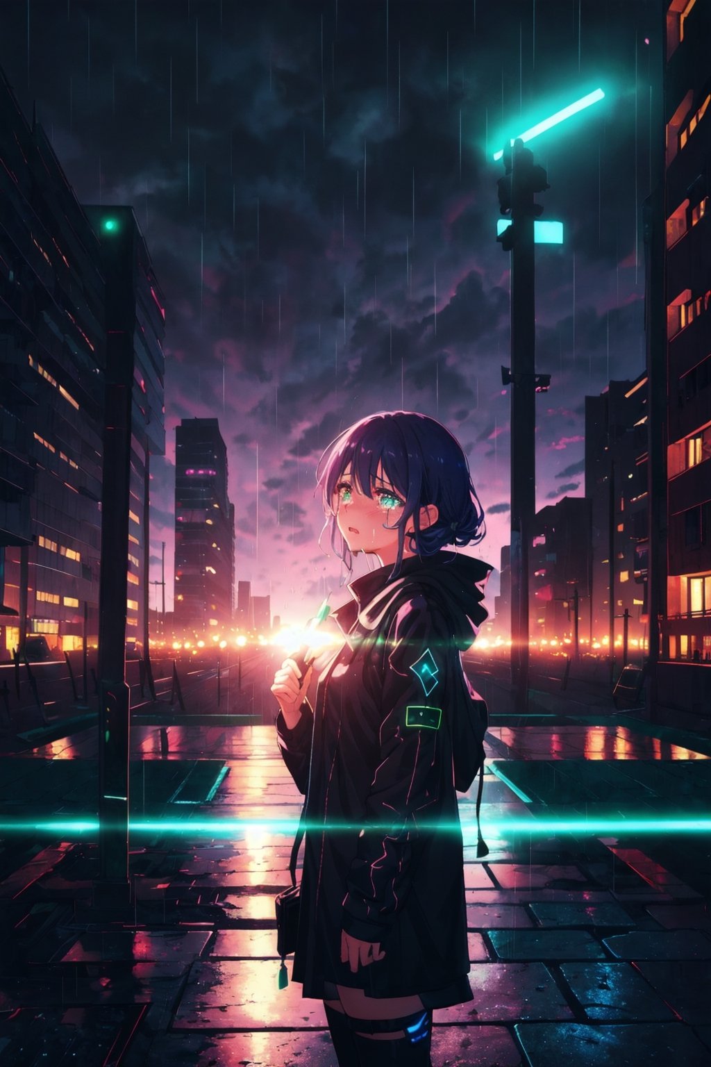 masterpiece, best quality, cloudy sky, cityscape, night, 1girl, techwear, standing, glowing green runes,yofukashi background, RukaSarashina, crying with eyes open, raining,best quality