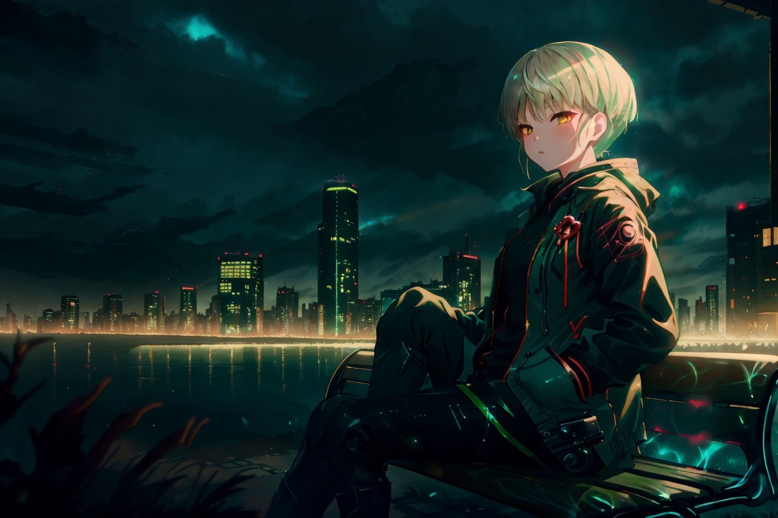 masterpiece, best quality, 4K, yofukashi background, cityscape, night, cloudy, 1girl, hands in pockets, black techwear, sitting on a bench,yofukashi background,marinadef,GlowingRunesAI_green