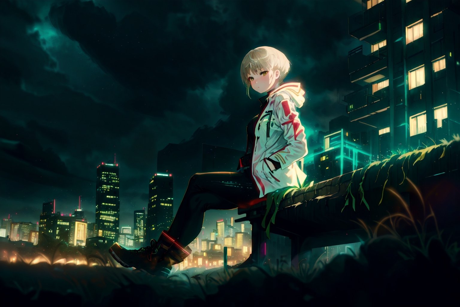 masterpiece, best quality, 4K, cityscape, night, cloudy, 1girl, techwear, hands in pockets, sitting on a bench,yofukashi background,marinadef,GlowingRunesAI_green