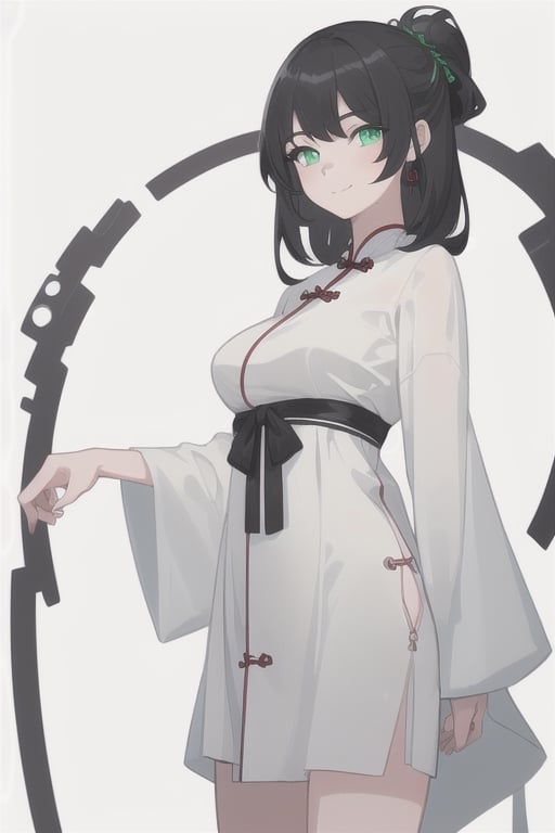 ((masterpiece)), ((best quality)), digital art, best quality, highly detailed, 1 girl, solo, mature woman, character design, standing, simple white background, calligrapic, legins, black chinese dres, soft smile, iridescent, black long hair, neon green eyes