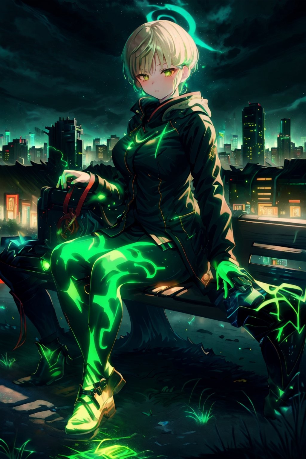 masterpiece, best quality, yofukashi background, cityscape, night, cloudy, 1girl, black techwear, glowing green runes, sitting on a bench, yofukashi background,marinadef,GlowingRunesAI_green