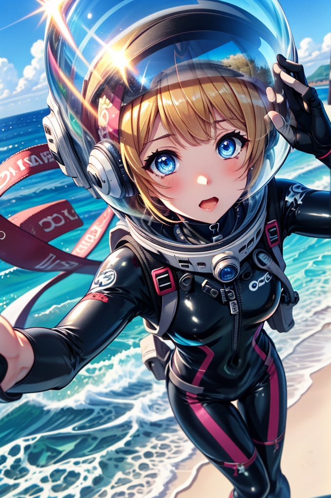 Extreme detail,masterpiece,anime illustration ,love_live style,1girl, beach, clear sky, blue sea, black_hair, short hair, bangs, large_eyes, pink_eyes,  (space helmet):4,(clear_helmet):3, neck seal,shiny wetsuit, black_bodysuit, red_accents, gloves, thigh_straps, looking_at_viewer, surprised_expression, bodysuit, sea_background, sunny, headphone,blonde hair,short hair,blue eyes,blush,bing_wetsuit,astrovest