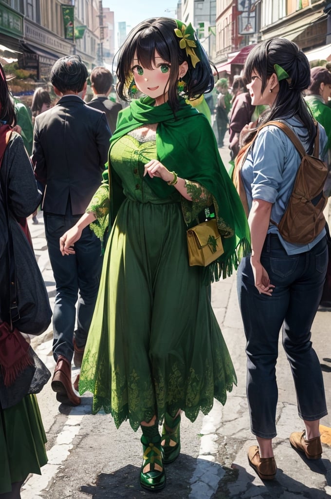 Extreme detail,lively St. Patrick's Day market in the city,people enjoying the festival,Celtic traditions,girl in green long skirt and lace-trimmed green dress,black hair tied with green ribbons,green earrings,handmade green shawl,shoes with green and gold decorations,enjoying the bustling market,curious and absorbing the joy and vibrancy around her.