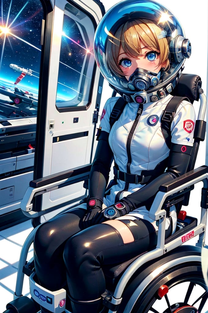 Extreme detail,masterpiece,anime illustration ,love_live style,1girl, BREAK (futuristic electric wheelchair):10,sitting wheelchair,sports wheelchair,hand between legs,daytime:3,(indoor):5,bedroom,alone,BREAK black_hair, short hair, bangs, large_eyes, blue_eyes,  (space helmet):4,(clear_helmet):3, neck seal,shiny wetsuit, black_bodysuit, gloves, thigh_straps, looking_at_viewer, surprised_expression, white shiny bodysuit, headphone,blonde hair,(gas mask):0.1,short hair,blue eyes,blush,bing_wetsuit,astrovest,mahiru shiina,nose blush,blush