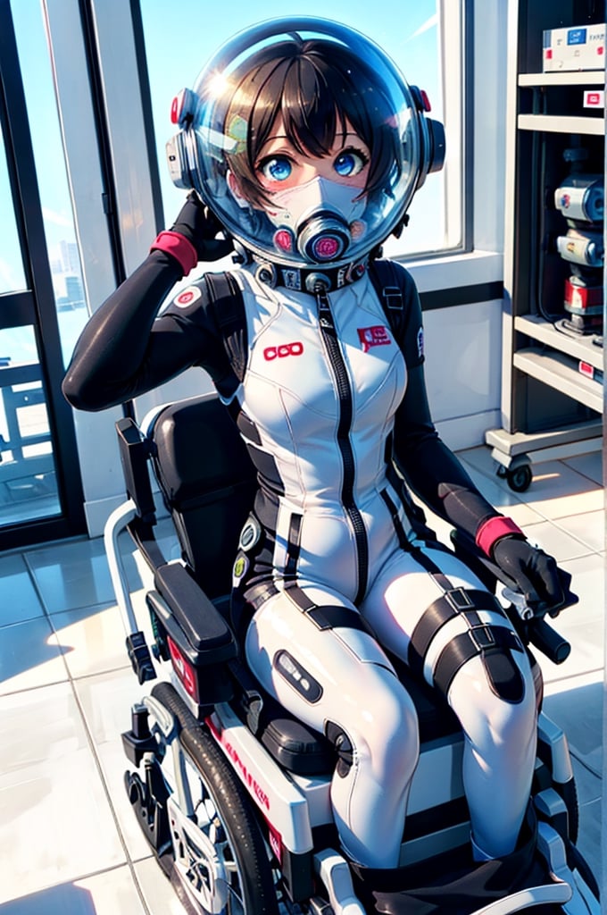 Extreme detail,masterpiece,anime illustration ,love_live style,1girl, BREAK (futuristic electric wheelchair):10,sitting wheelchair,sports wheelchair,hand between legs,daytime:3,(indoor):5,bedroom,alone,BREAK black_hair, short hair, bangs, large_eyes, blue_eyes,  (space helmet):4,(clear_helmet):3, neck seal,shiny wetsuit, black_bodysuit, gloves, thigh_straps, looking_at_viewer, surprised_expression, white shiny bodysuit, headphone,blonde hair,(gas mask):0.1,short hair,blue eyes,blush,bing_wetsuit,astrovest,mahiru shiina,nose blush,blush