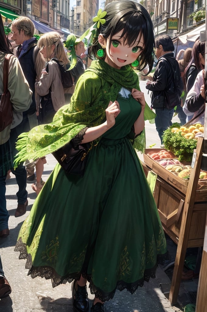 Extreme detail,lively St. Patrick's Day market in the city,people enjoying the festival,Celtic traditions,girl in green long skirt and lace-trimmed green dress,black hair tied with green ribbons,green earrings,handmade green shawl,shoes with green and gold decorations,enjoying the bustling market,curious and absorbing the joy and vibrancy around her.