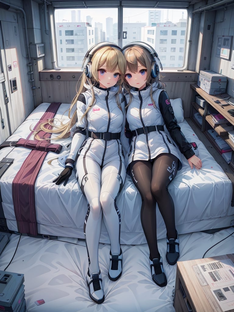 (masterpiece:1.2, best quality), (highly detailed:1.3), (2girls):2, 14yo, (latex white bobysuit,headphone), lying on bed,(inside cyberpunk hotel room):1.3,
, kissing, morning light, volumetric lighting,bing_astronaut,V-shaped eyebrows,Astrovest,BREAK,blonde long hair girl,black belt,BREAK inside white spaceship background