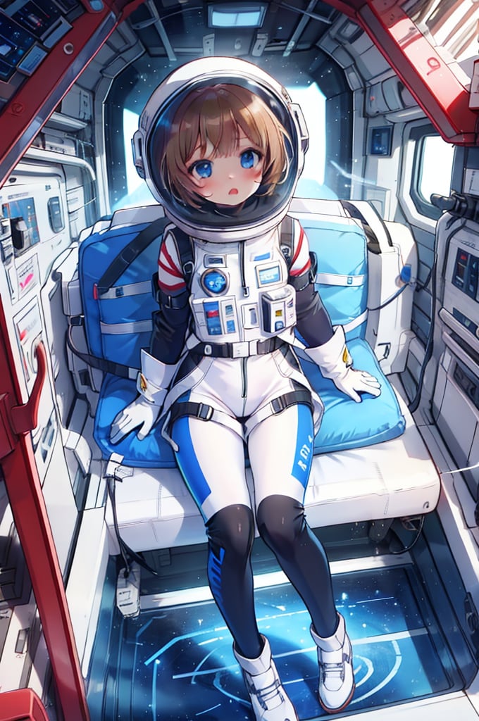 Extreme detail,masterpiece,anime illustration ,1girl,  short hair, bangs, large_eyes, blue_eyes,  (space helmet):4,(clear_helmet):3, neck seal,white space suit,  gloves, thigh_straps, looking_at_viewer, lomg pants,surprised_expression,headphone,light brown hair,short hair,blue eyes,blush,bing_wetsuit,astrovest,astrogirl,